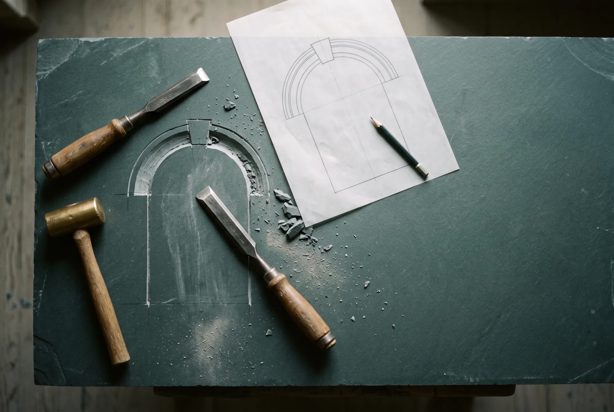 A chisel, brass mallet and a drawing of an arch beside a half-carved niche in slate