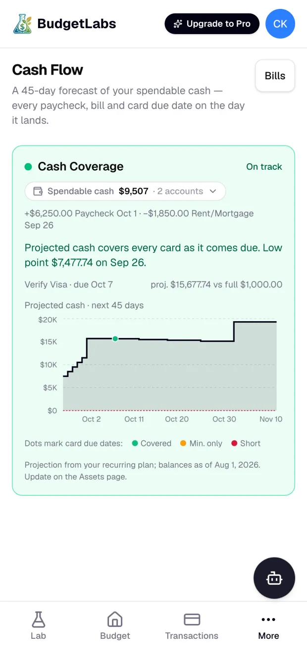 BudgetLabs cash flow page with a 45-day forecast of spendable cash and card due dates