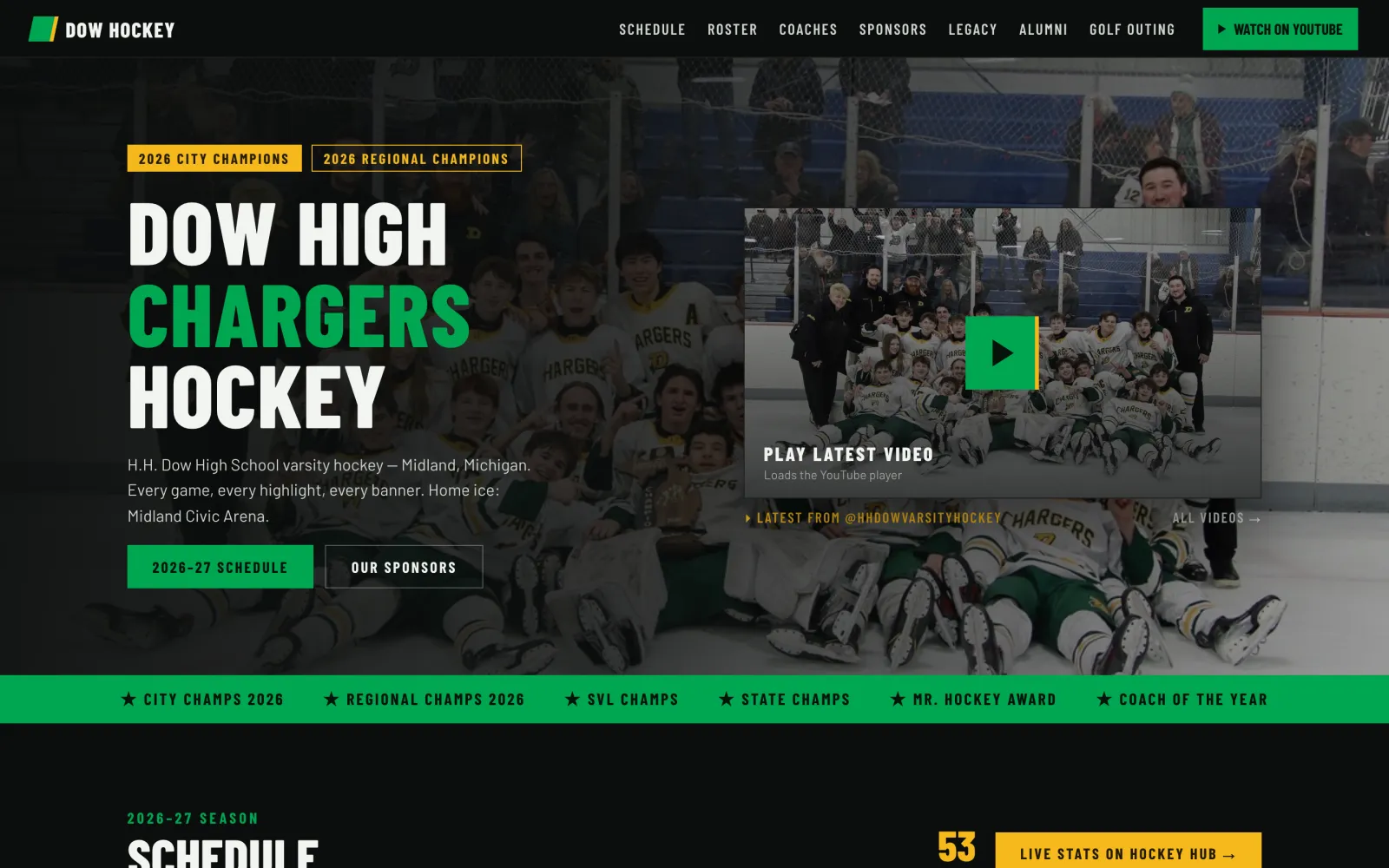 The Dow High Chargers hockey team website built on OurTeamSports